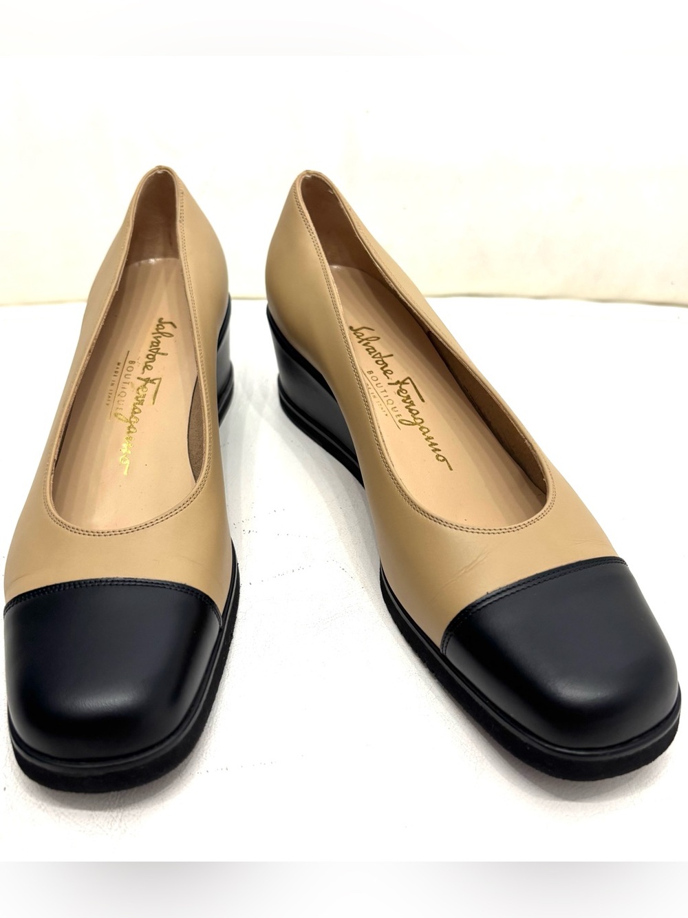 Salvatore Ferragamo Two-Tone Beige and Black Leather Wedge Pumps
